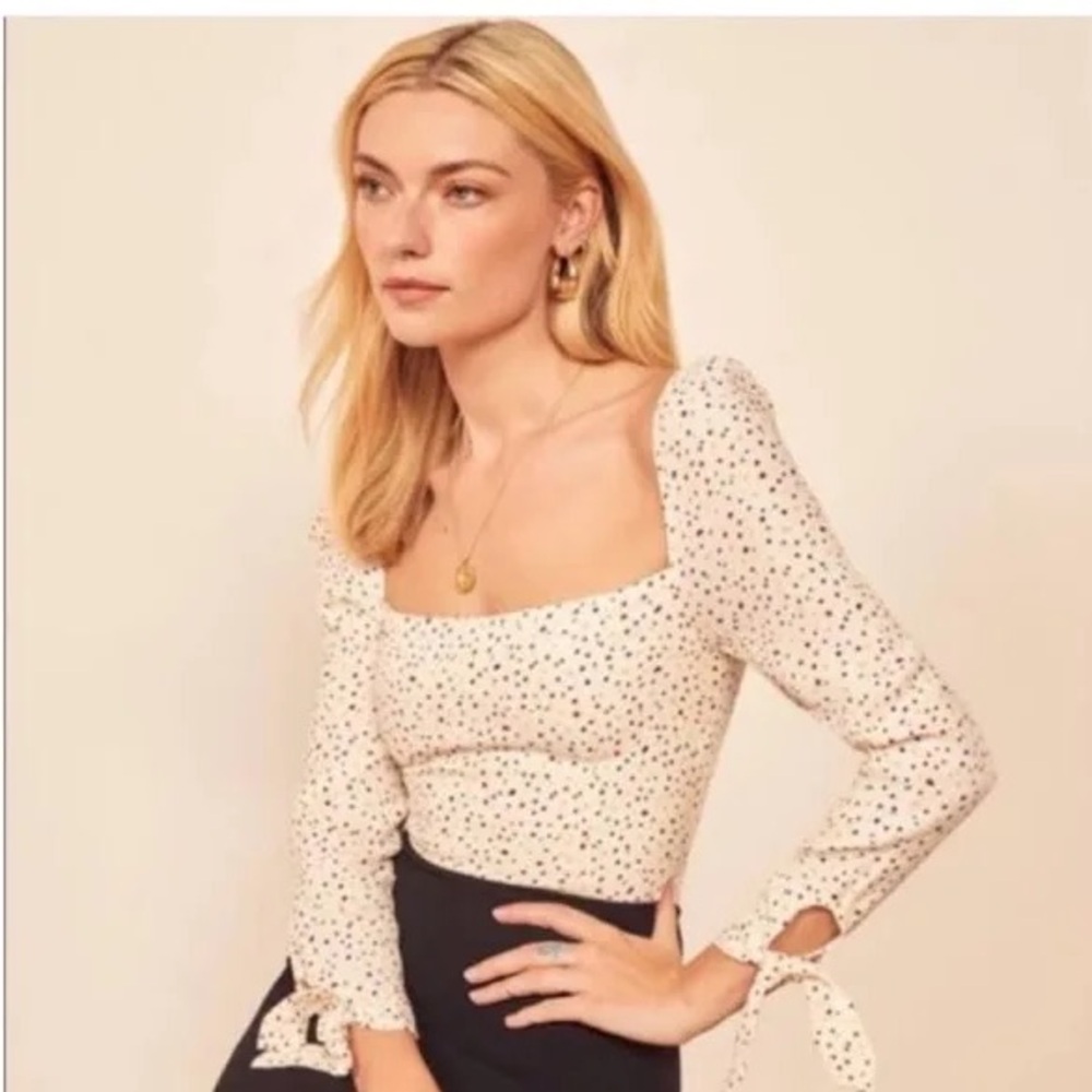 Reformation Cream Square-Neck Long-Sleeve Blouse with Mini Floral Print (Reposh)